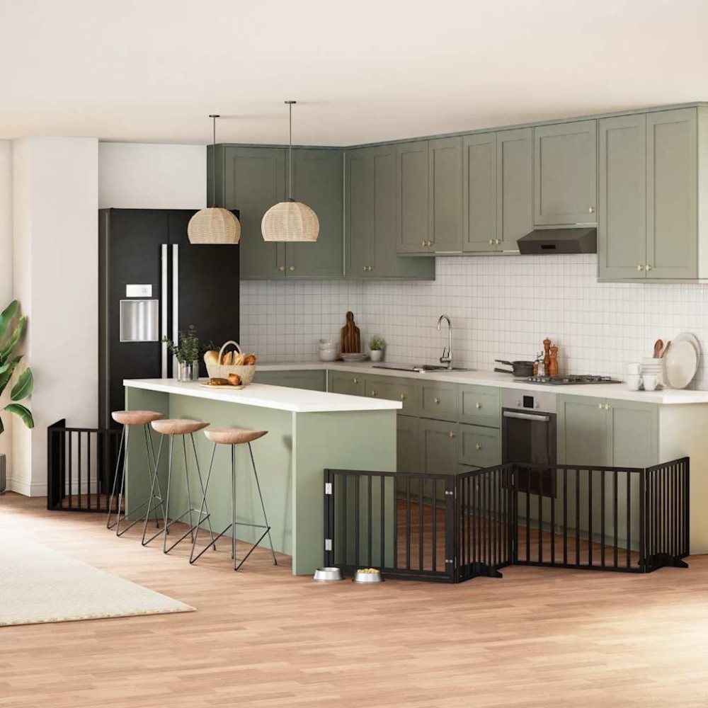 vidaXL Poartă câini pliabilă cu ușă 6 panouri negru, 480 cm, lemn plop