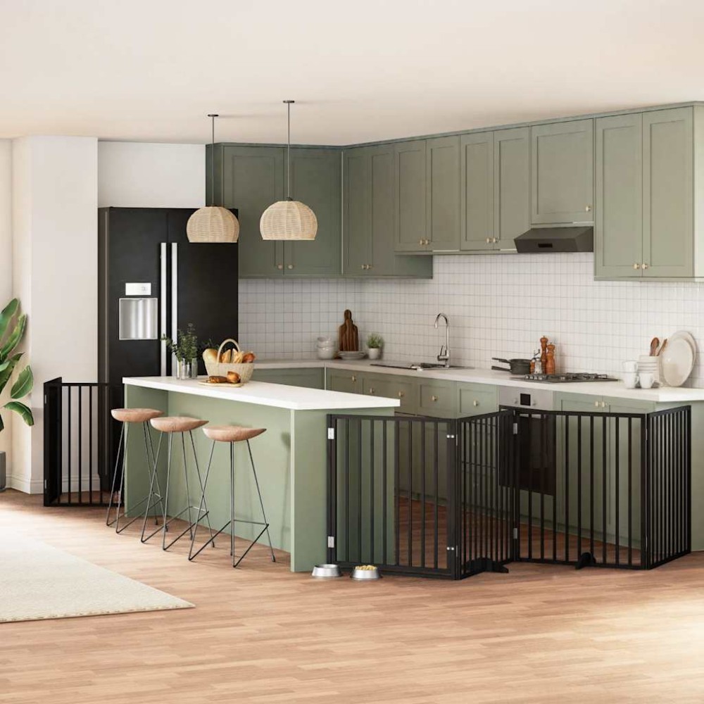 vidaXL Poartă câini pliabilă cu ușă 8 panouri negru 640 cm, lemn plop