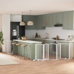 vidaXL Poartă câini pliabilă cu ușă, 9 panouri, alb, 450 cm, lemn plop