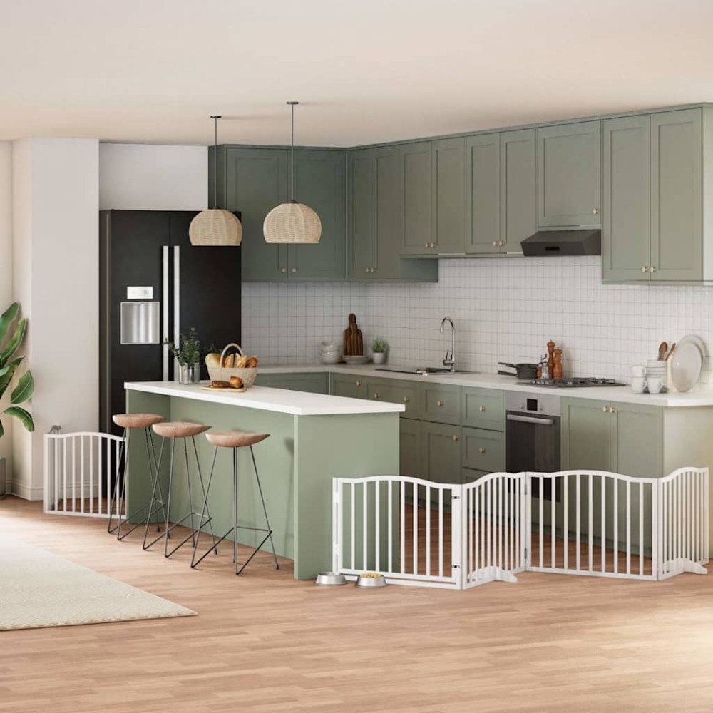 vidaXL Poartă câini pliabilă cu ușă, 6 panouri, alb, 480 cm, lemn plop