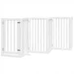 vidaXL Poartă câini pliabilă cu ușă, 9 panouri, alb, 450 cm, lemn plop