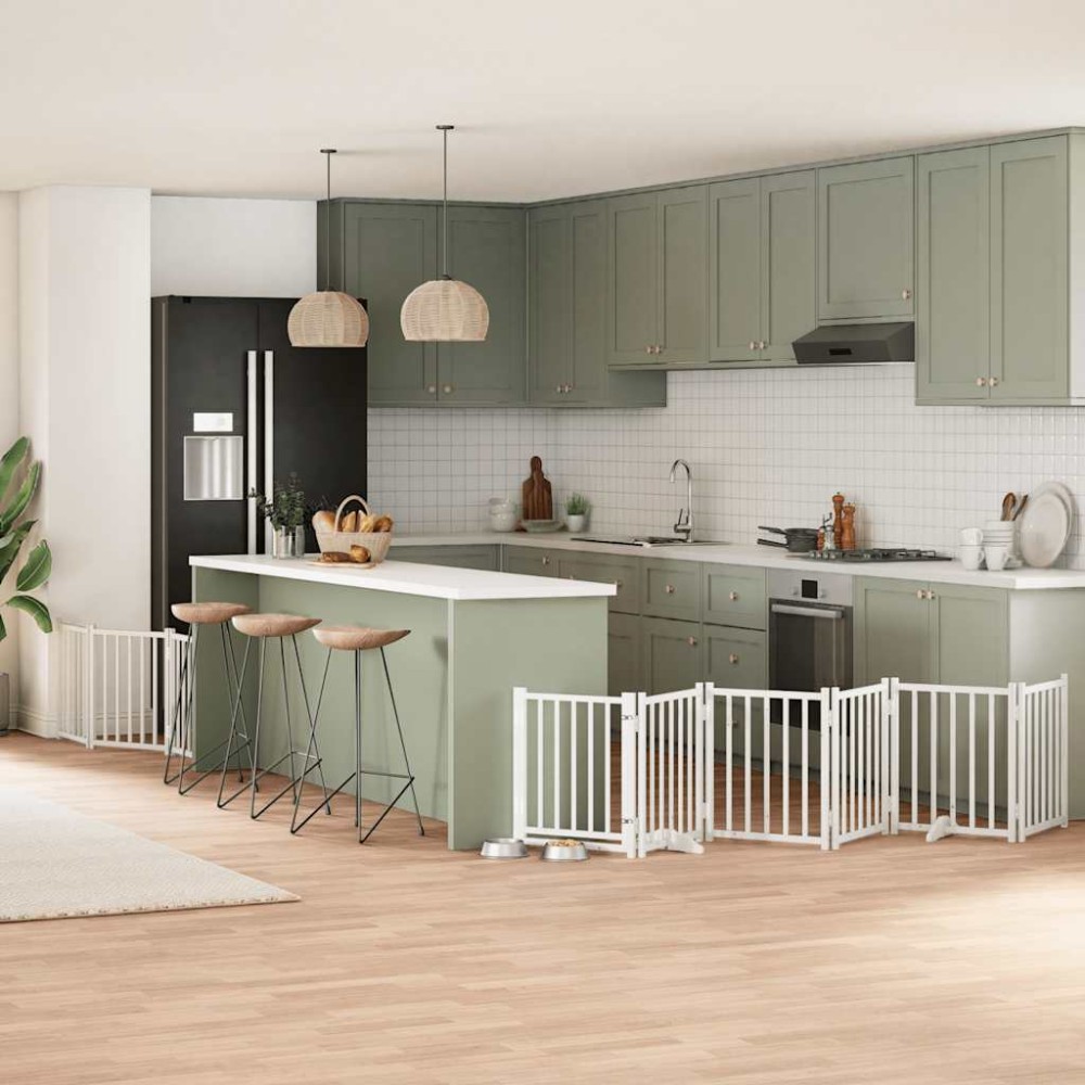 vidaXL Poartă câini pliabilă cu ușă, 9 panouri, alb, 450 cm, lemn plop