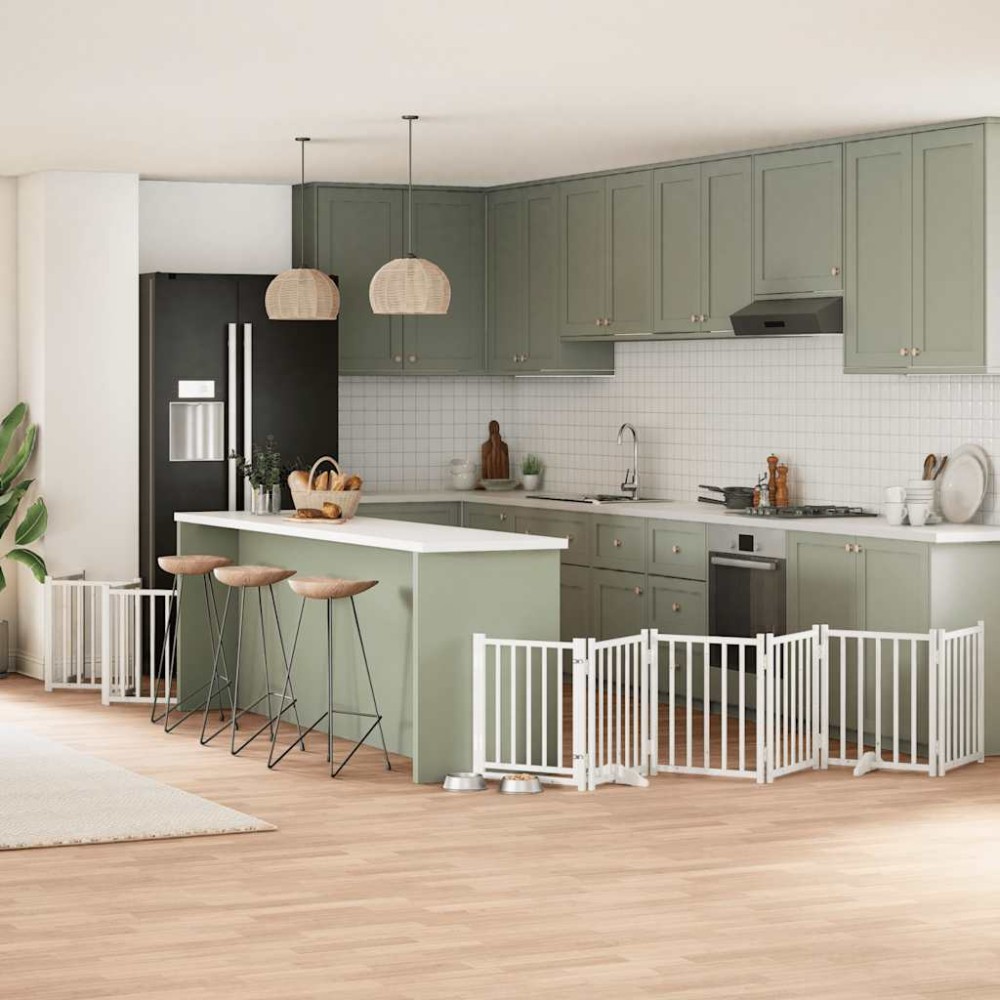 vidaXL Poartă câini pliabilă cu ușă 15 panouri, alb, 750 cm, lemn plop