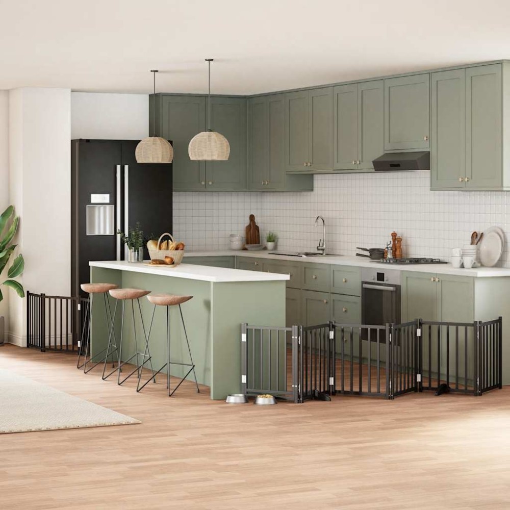 vidaXL Poartă câini pliabilă cu ușă 9 panouri negru, 450 cm, lemn plop