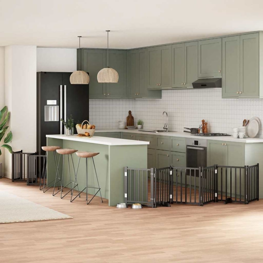 vidaXL Poartă câini pliabilă cu ușă 15 panouri negru 750 cm, lemn plop