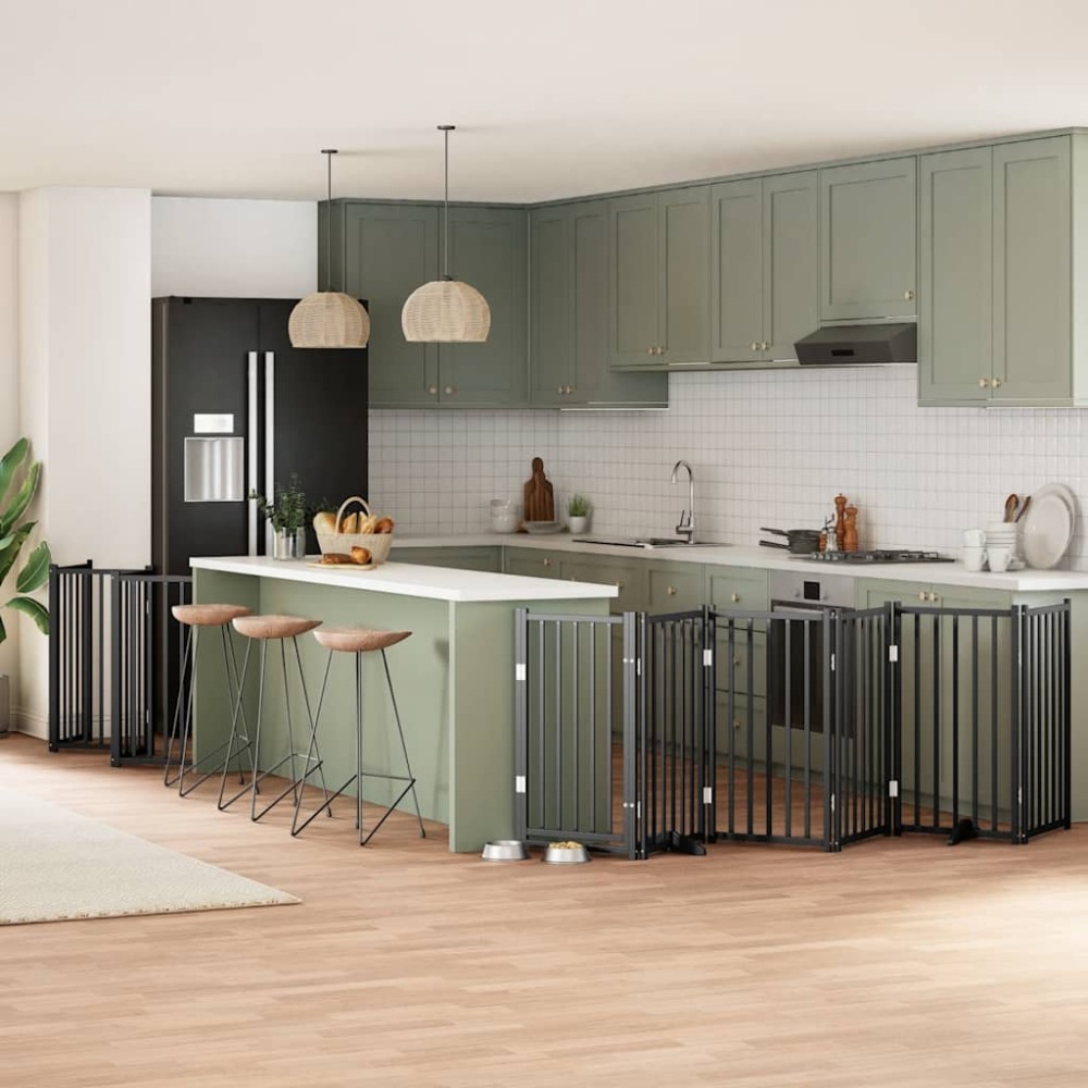 vidaXL Poartă câini pliabilă cu ușă 15 panouri negru 750 cm, lemn plop