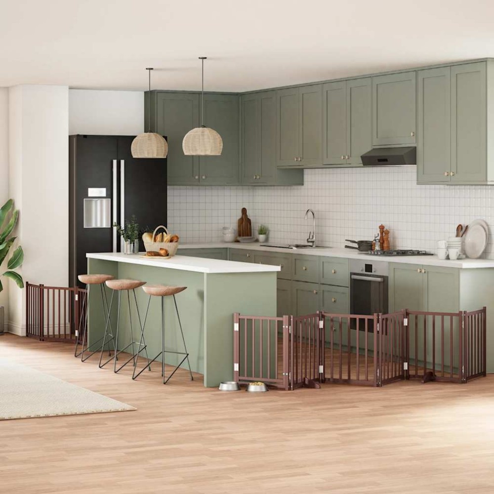 vidaXL Poartă câini pliabilă cu ușă 9 panouri maro, 450 cm, lemn plop