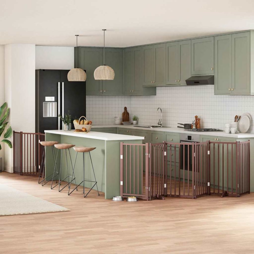 vidaXL Poartă câini pliabilă cu ușă 9 panouri maro, 450 cm, lemn plop