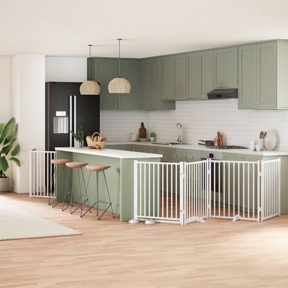 vidaXL Poartă câini pliabilă cu ușă 10 panouri, alb, 800 cm, lemn plop