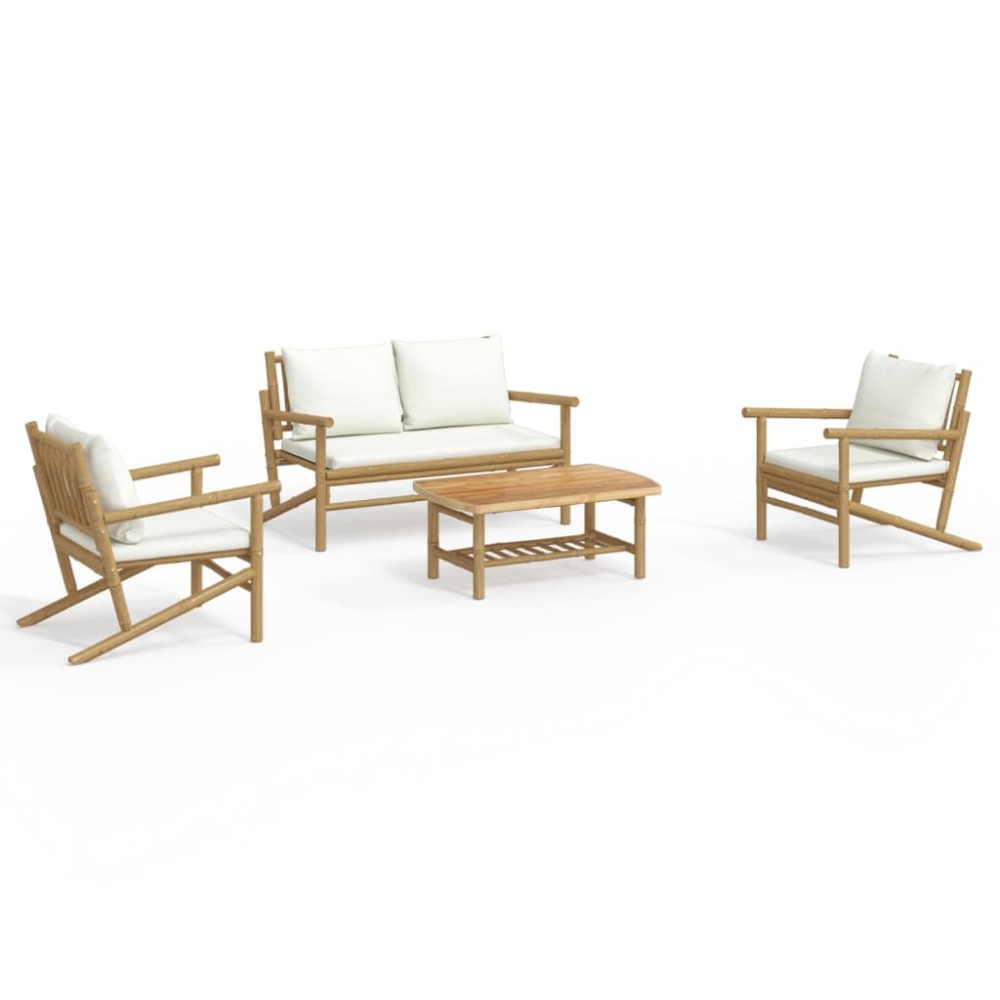 vidaXL Set mobilier de grădină, cu perne alb crem, 4 piese, bambus