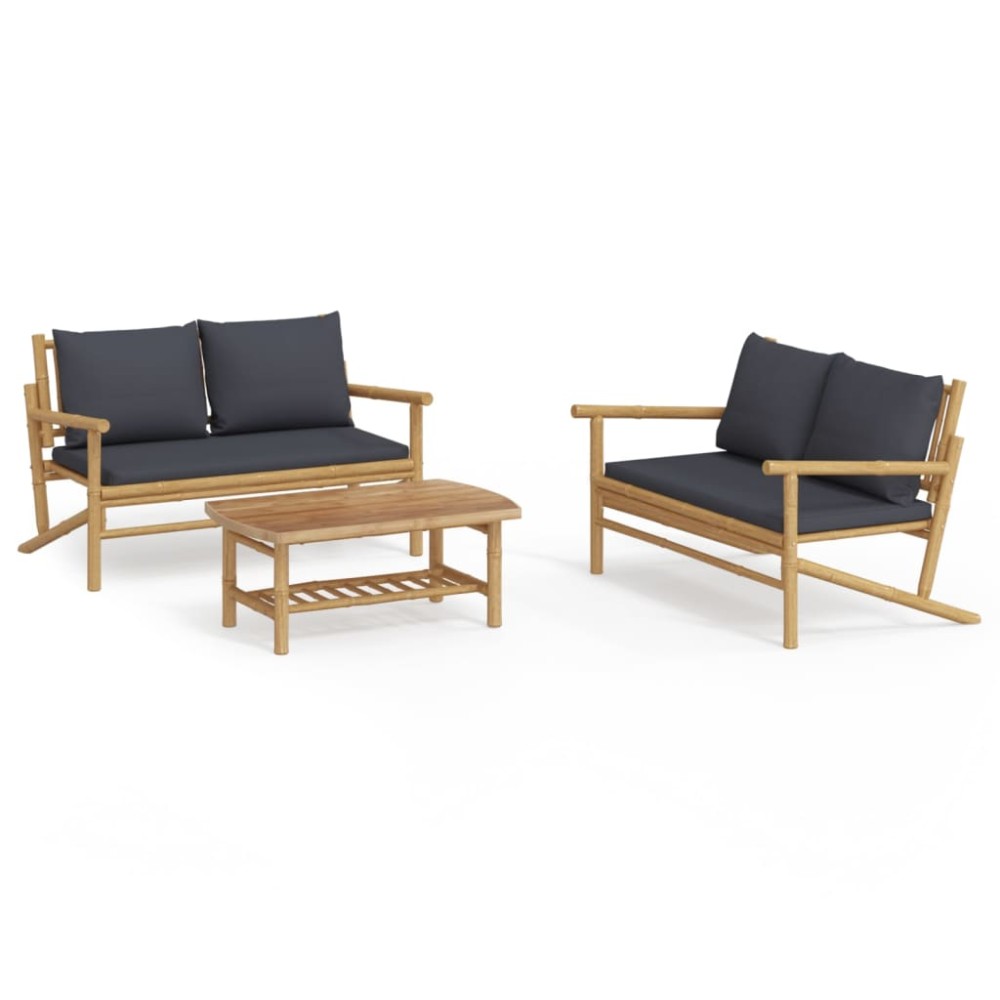 vidaXL Set mobilier de grădină, perne gri închis, 3 piese, bambus
