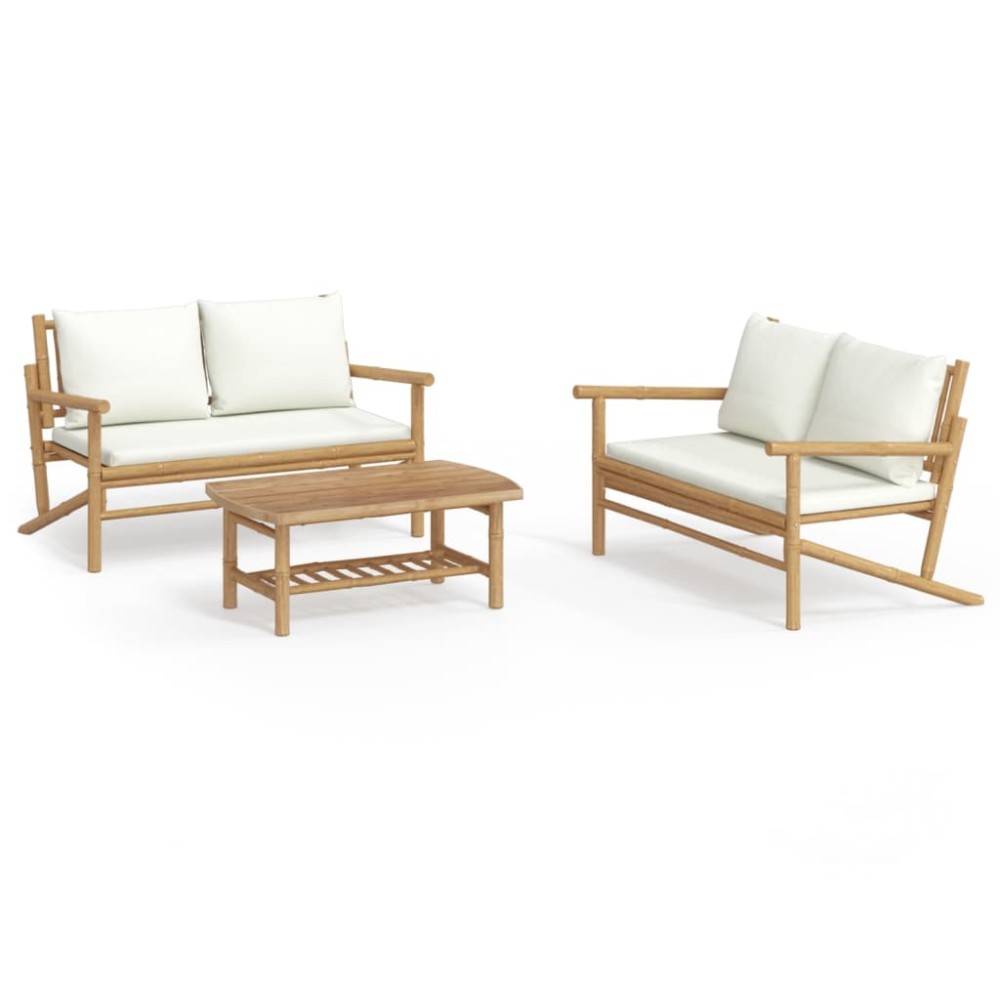 vidaXL Set mobilier de grădină, cu perne alb crem, 3 piese, bambus