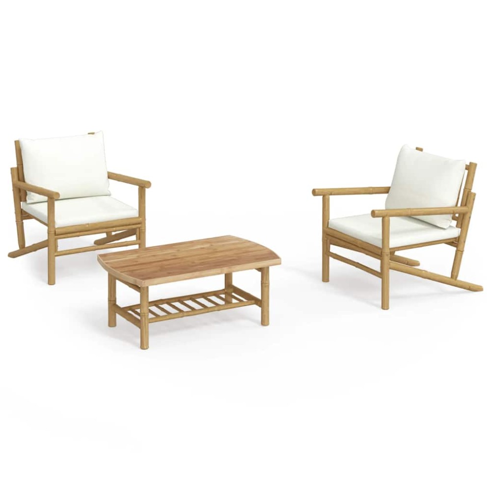 vidaXL Set mobilier de grădină, cu perne alb crem, 3 piese, bambus