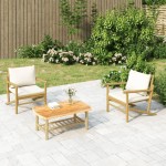 vidaXL Set mobilier de grădină, cu perne alb crem, 3 piese, bambus vidaXL Set mobilier de grădină, cu perne alb crem, 3 piese, bambus