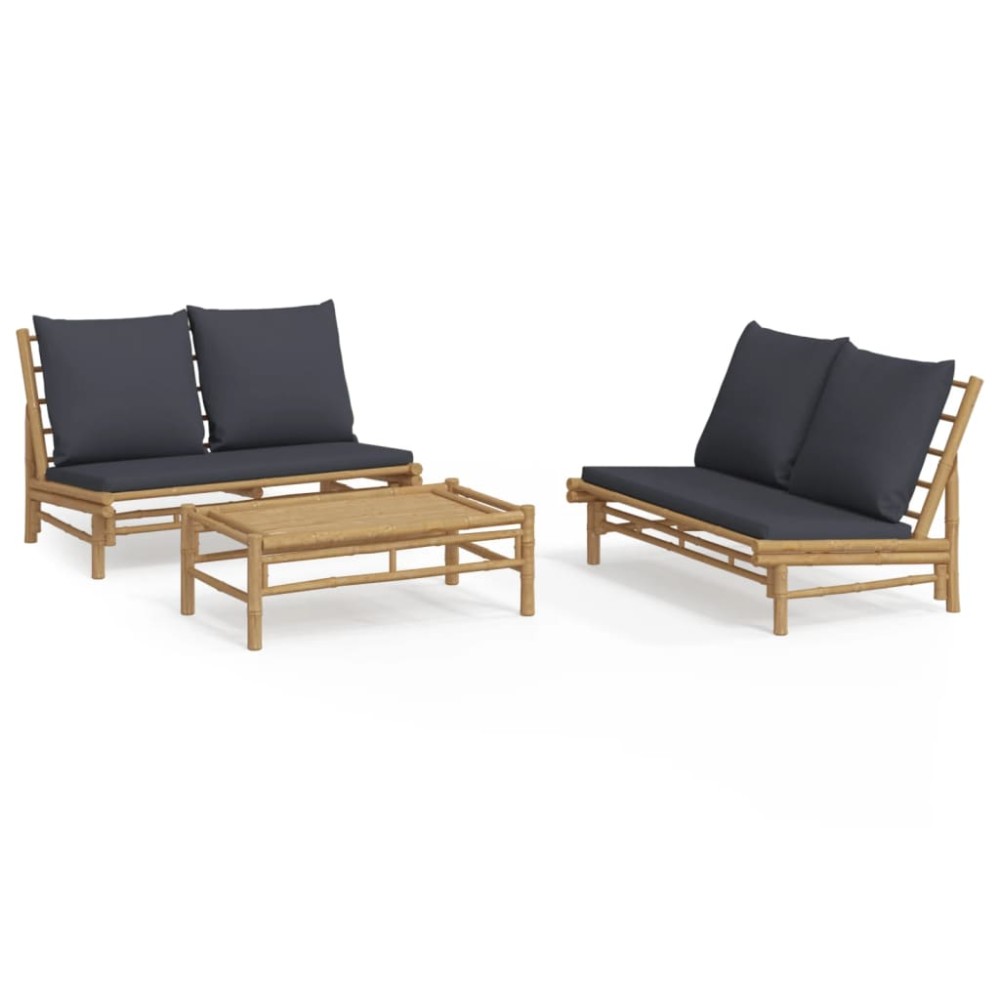 vidaXL Set mobilier de grădină, perne gri închis, 3 piese, bambus
