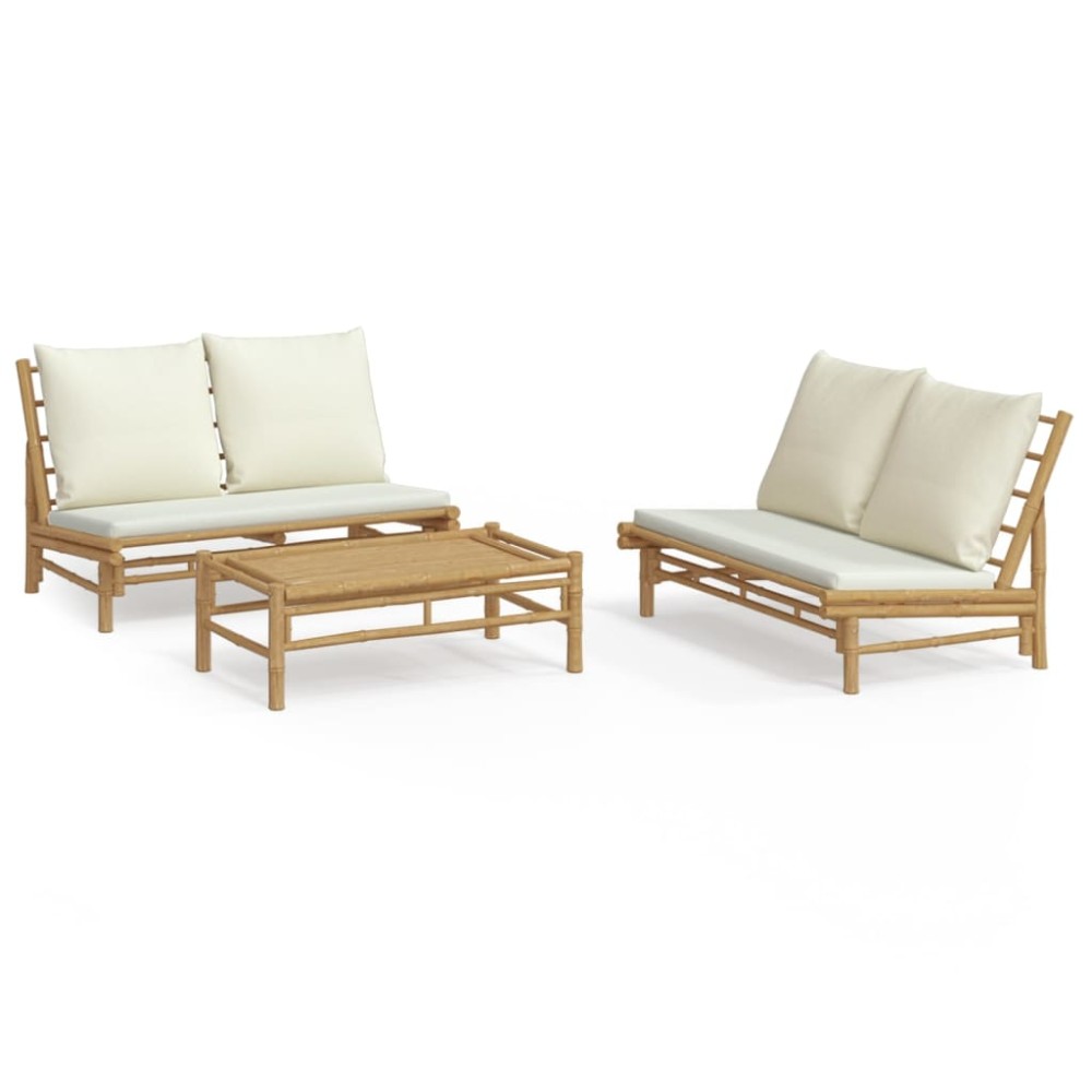 vidaXL Set mobilier de grădină, cu perne alb crem, 3 piese, bambus
