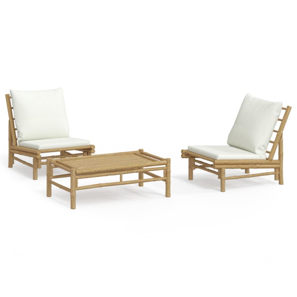 vidaXL Set mobilier de grădină, cu perne alb crem, 3 piese, bambus