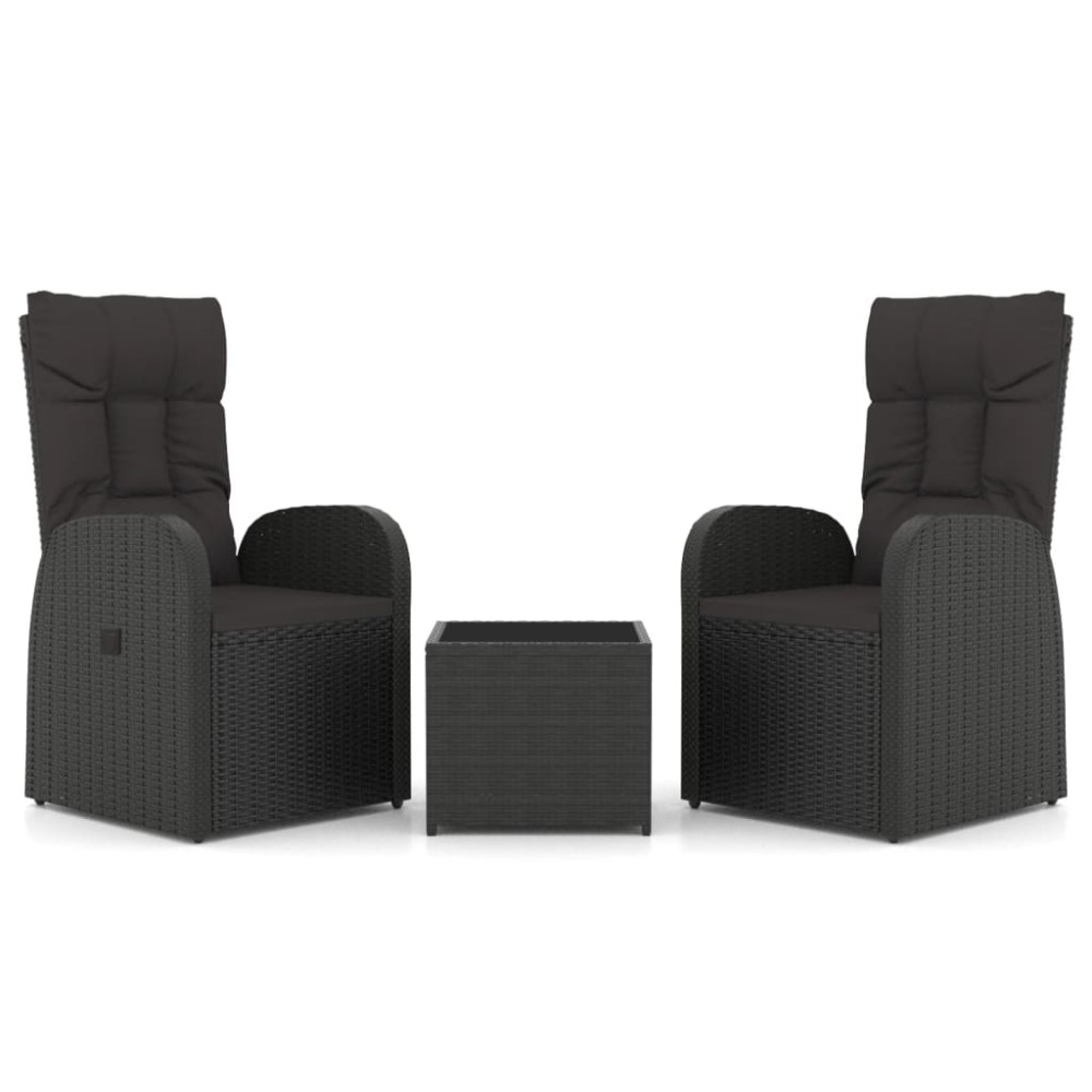 vidaXL Set șezlonguri grădină, 3 piese, negru, poliratan&oțel