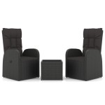 vidaXL Set șezlonguri grădină, 3 piese, negru, poliratan&oțel