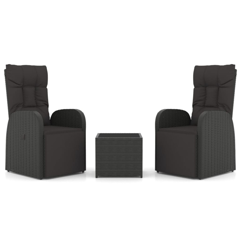 vidaXL Set șezlonguri grădină, 3 piese, negru, poliratan&oțel