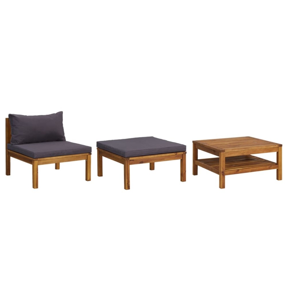 vidaXL Set mobilier grădină perne gri închis, 3 piese, lemn acacia