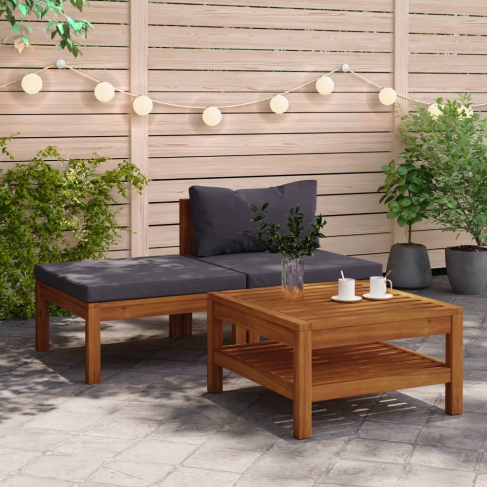 vidaXL Set mobilier grădină perne gri închis, 3 piese, lemn acacia
