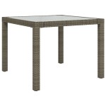vidaXL Masă grădină, gri, 90x90x75 cm, sticlă securizată și poliratan