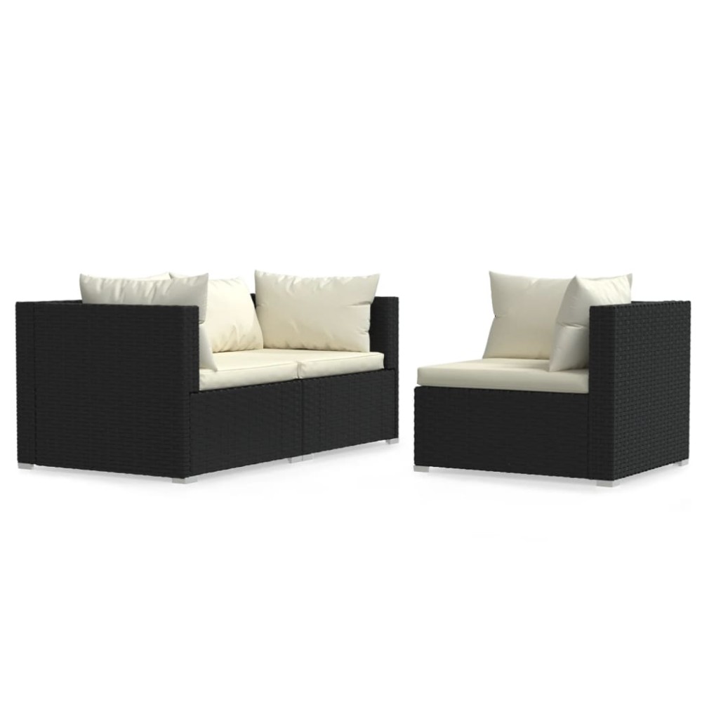 vidaXL Set mobilier de grădină cu perne, 3 piese, negru, poliratan