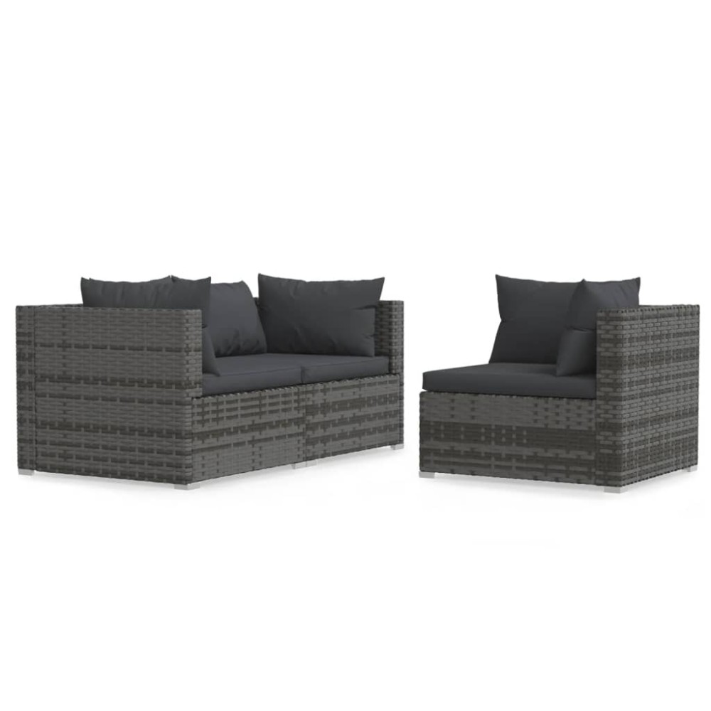 vidaXL Set mobilier de grădină cu perne, 3 piese, gri, poliratan