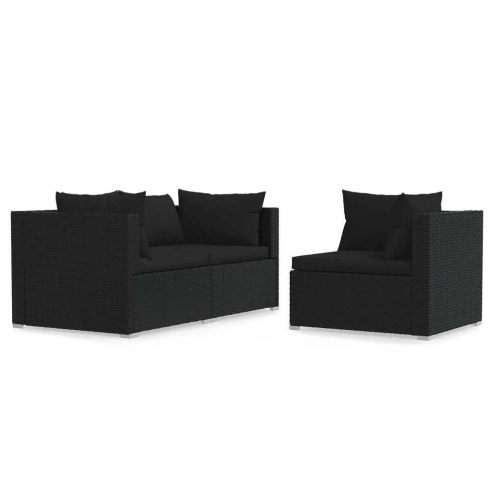 vidaXL Set mobilier de grădină cu perne, 3 piese, negru, poliratan