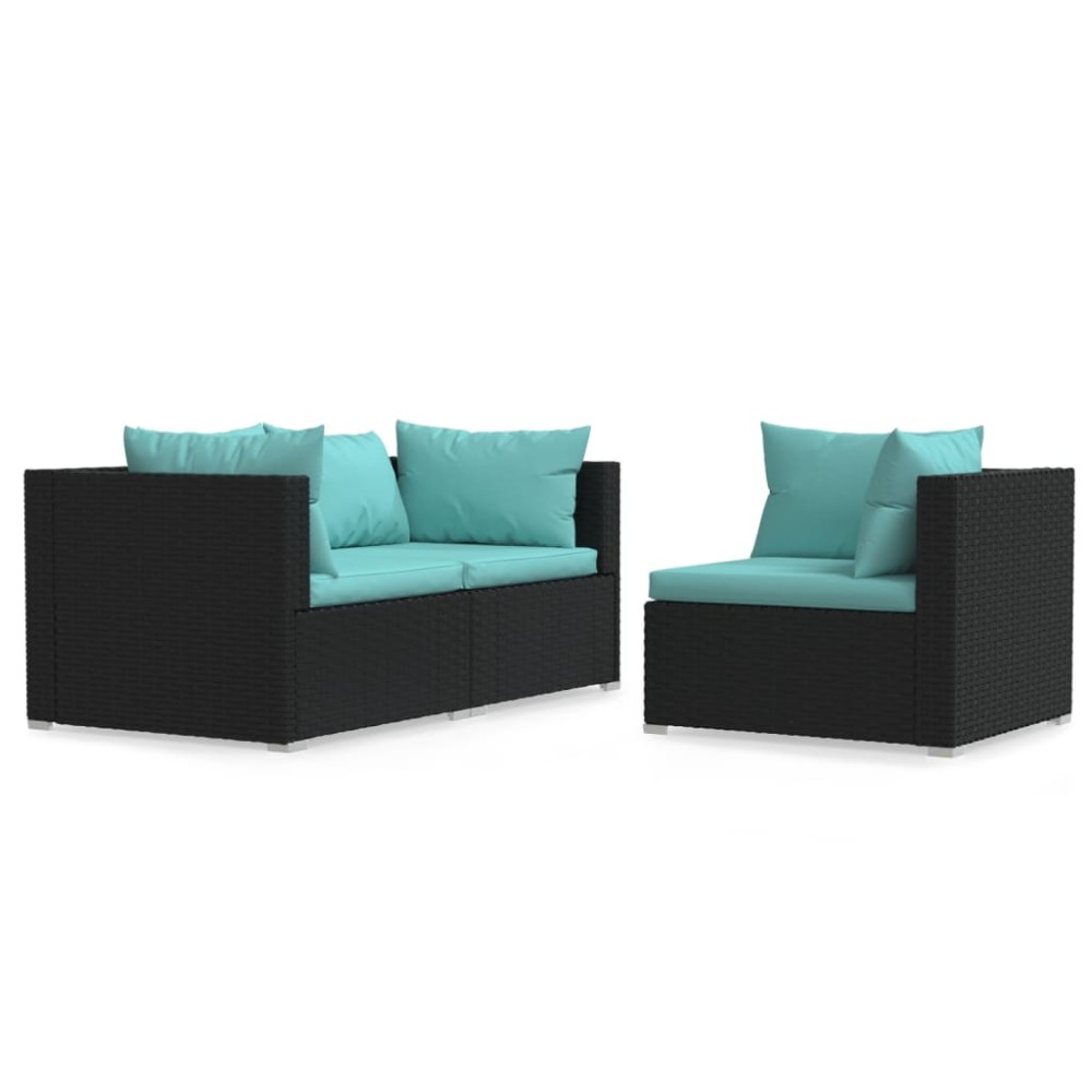 vidaXL Set mobilier de grădină cu perne, 3 piese, negru, poliratan