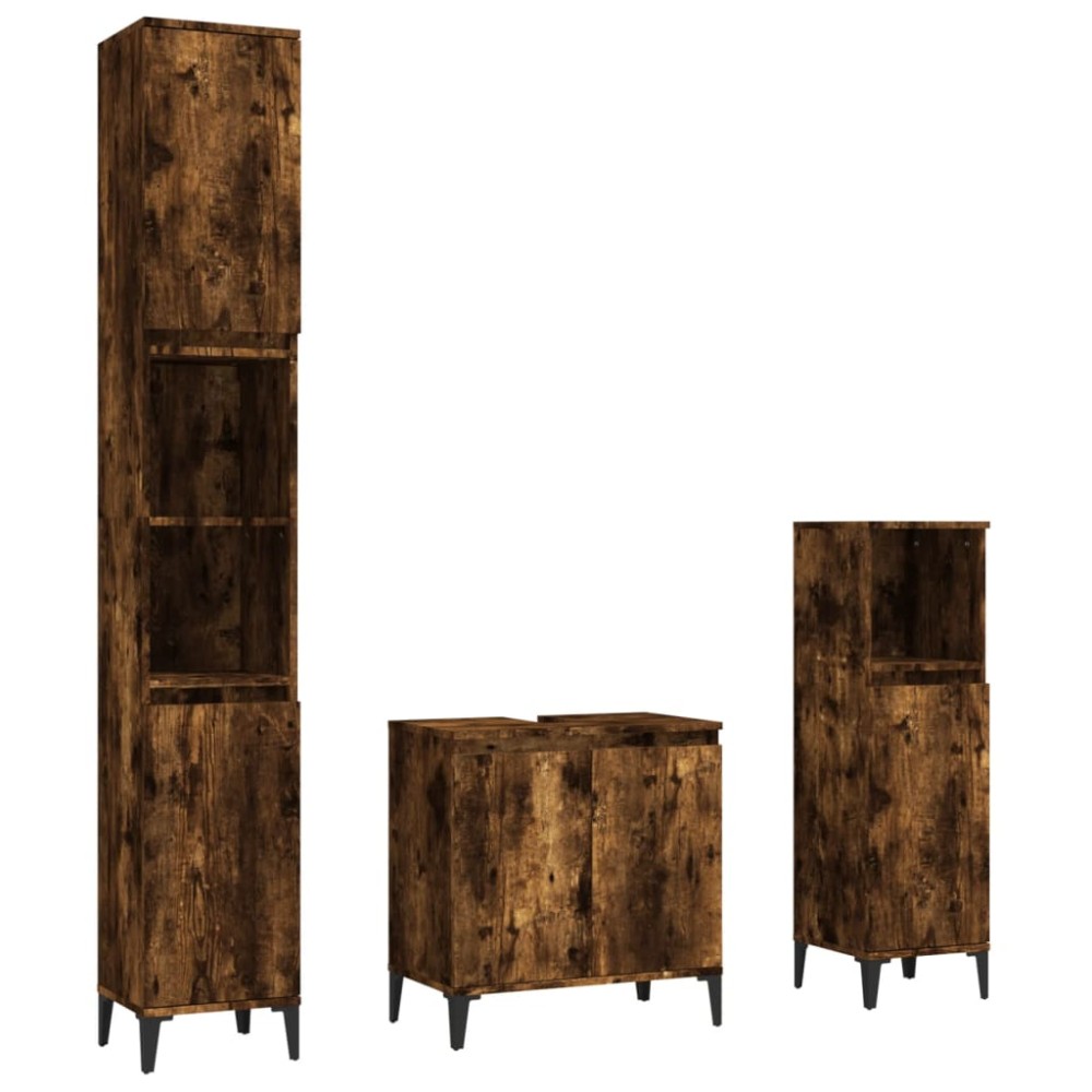 vidaXL Set mobilier de baie, 3 piese, stejar fumuriu, lemn prelucrat