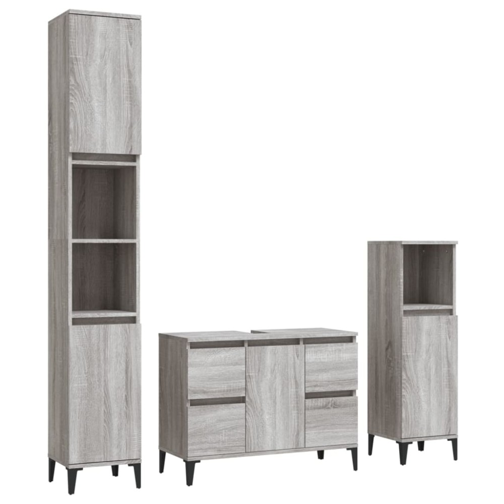 vidaXL Set mobilier de baie, 3 piese, gri sonoma, lemn prelucrat