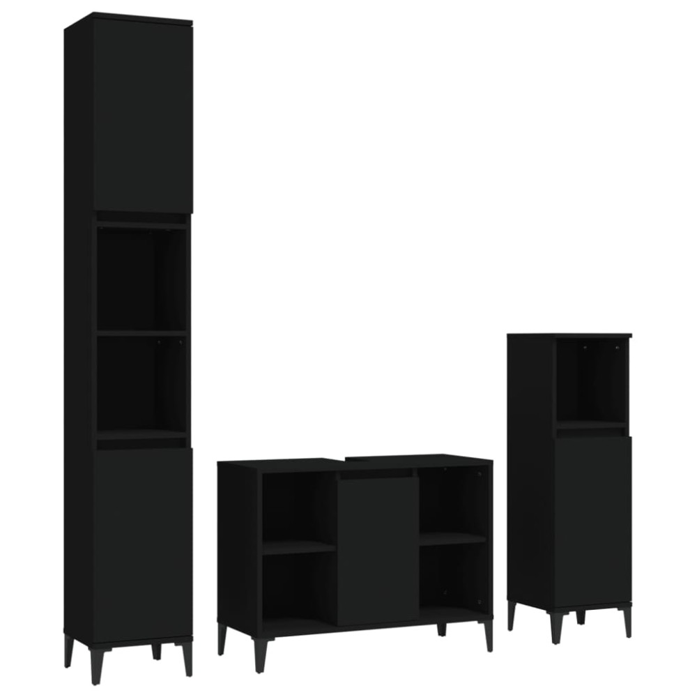 vidaXL Set mobilier de baie, 3 piese, negru, lemn compozit