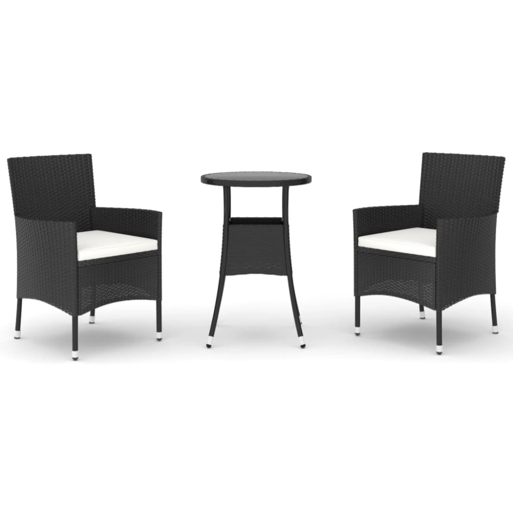 vidaXL Set bistro de grădină cu perne, 3 piese, negru, poliratan