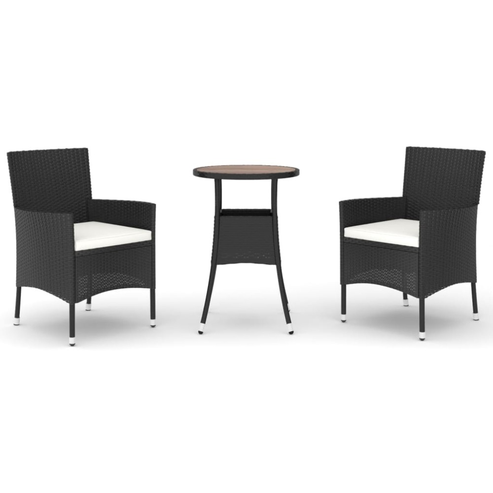 vidaXL Set bistro de grădină cu perne, 3 piese, negru, poliratan