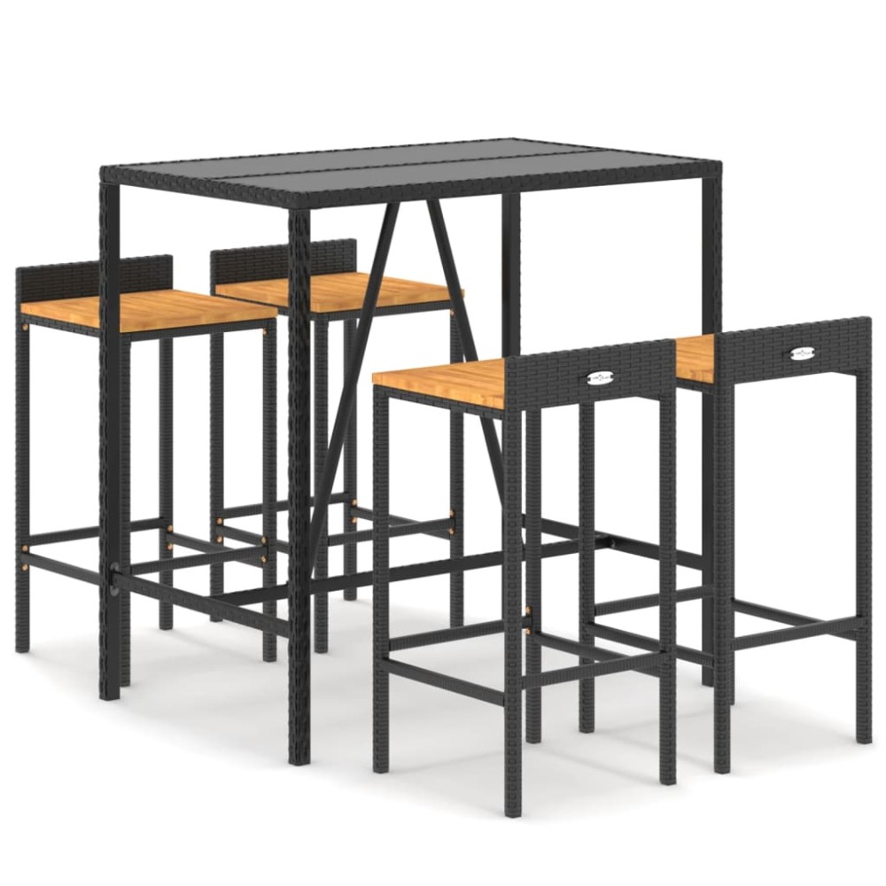 vidaXL Set bar pentru grădină, 5 piese, negru, poliratan/lemn acacia