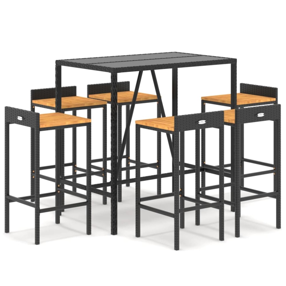 vidaXL Set bar pentru grădină, 7 piese, negru, poliratan/lemn acacia