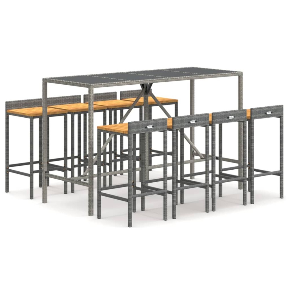 vidaXL Set bar pentru grădină, 9 piese, gri, poliratan/lemn acacia