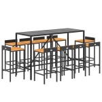vidaXL Set bar pentru grădină, 11 piese, negru, poliratan/lemn acacia