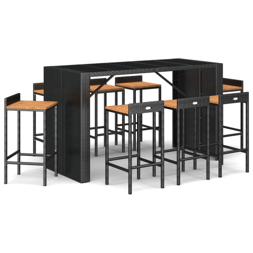 vidaXL Set bar pentru grădină, 9 piese, negru, poliratan/lemn acacia