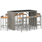 vidaXL Set bar pentru grădină, 9 piese, gri, poliratan/lemn acacia vidaXL Set bar pentru grădină, 9 piese, gri, poliratan/lemn acacia