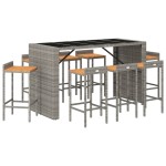 vidaXL Set bar pentru grădină, 9 piese, gri, poliratan/lemn acacia vidaXL Set bar pentru grădină, 9 piese, gri, poliratan/lemn acacia