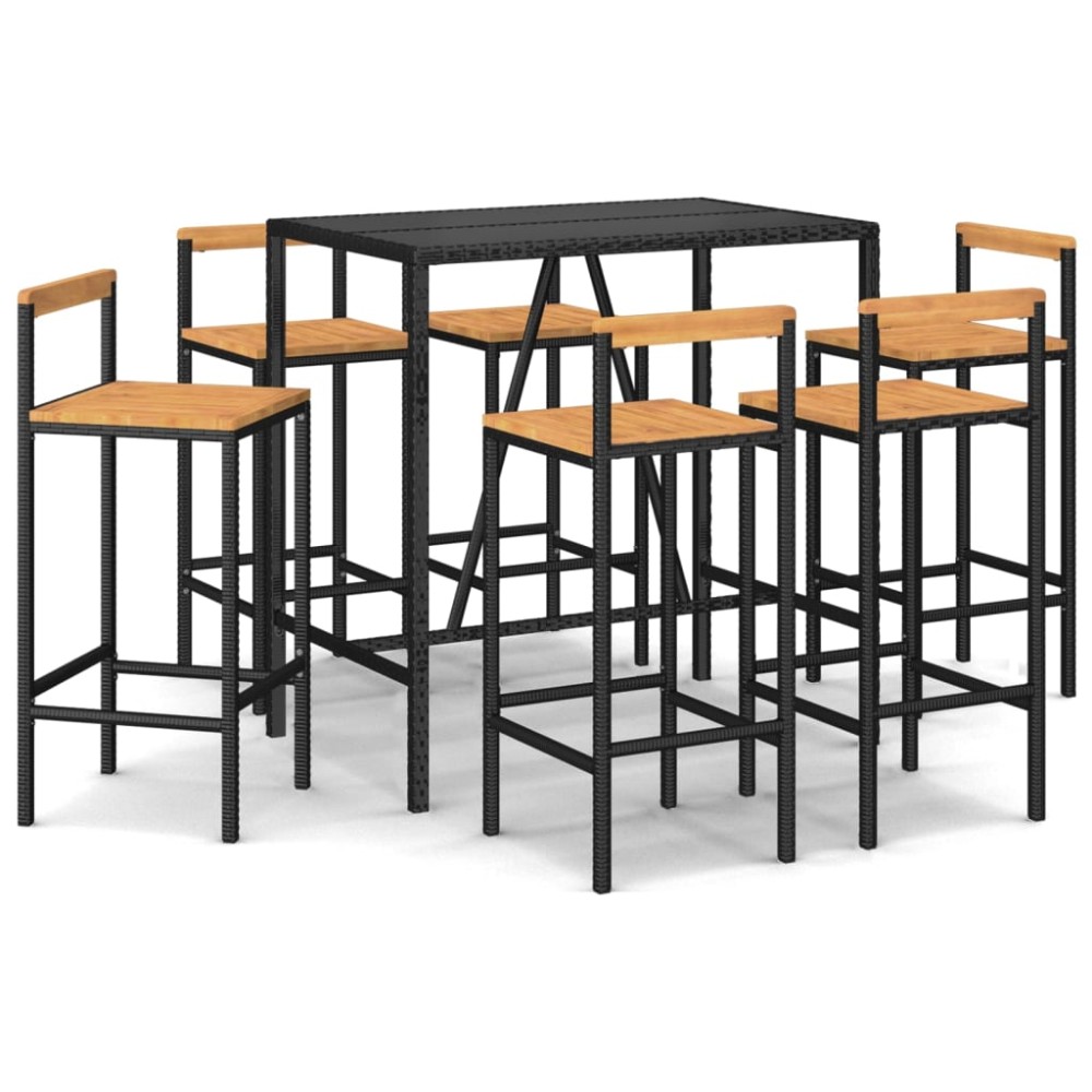 vidaXL Set bar pentru grădină, 7 piese, negru, poliratan/lemn acacia