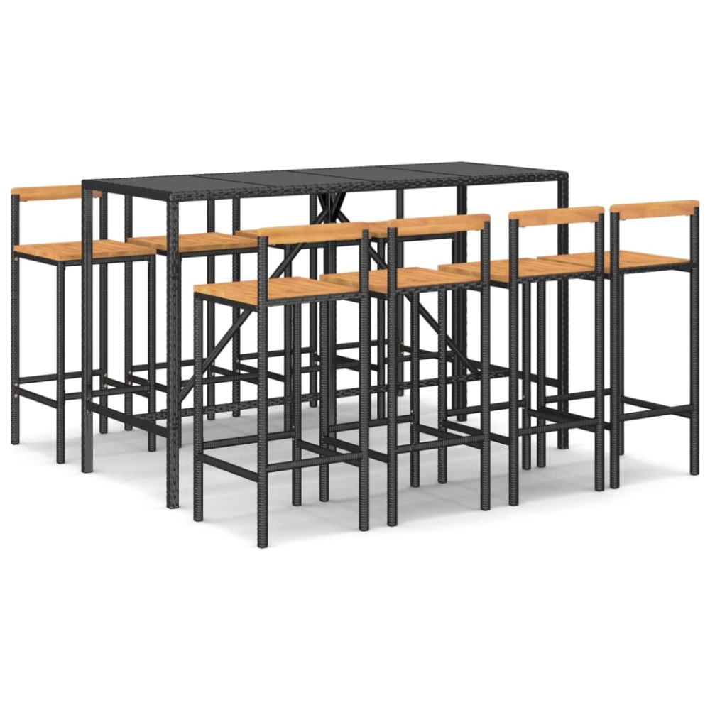 vidaXL Set bar pentru grădină, 9 piese, negru, poliratan/lemn acacia