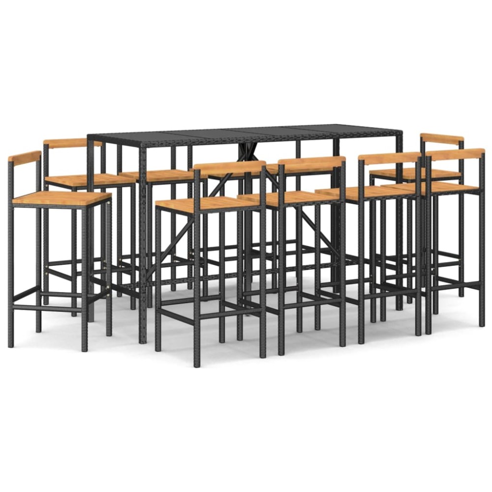 vidaXL Set bar pentru grădină, 11 piese, negru, poliratan/lemn acacia