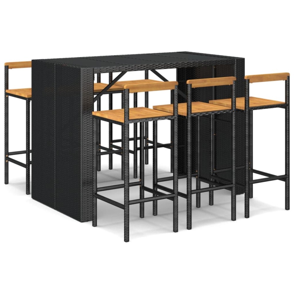 vidaXL Set bar pentru grădină, 7 piese, negru, poliratan/lemn acacia