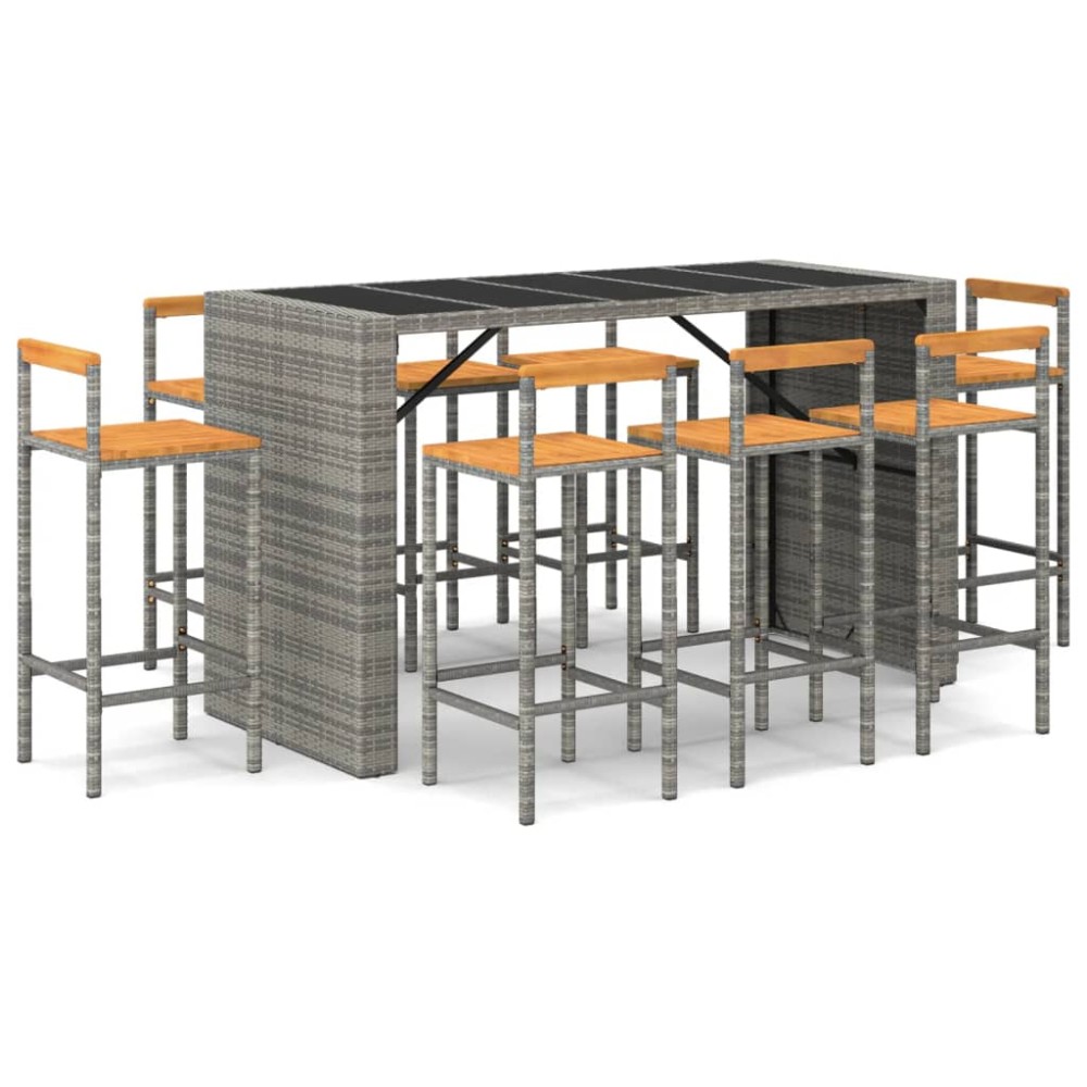 vidaXL Set bar pentru grădină, 9 piese, gri, poliratan/lemn acacia
