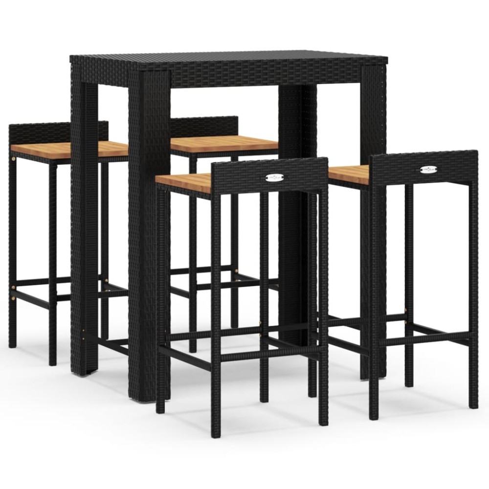 vidaXL Set bar pentru grădină, 5 piese, negru, poliratan/lemn acacia