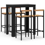 vidaXL Set bar pentru grădină, 5 piese, negru, poliratan/lemn acacia